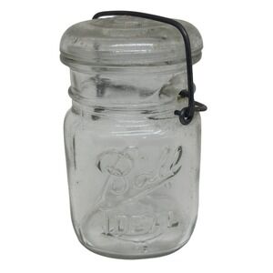 VTG Antique Ball Ideal 12oz Mason Jar w/ Glass Lid & Wire Bail 5.5" Canning Jar